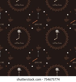 Seamless pattern with a clock "coffee time" cups and grains on a dark brown background. Vector image.