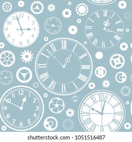 Seamless pattern with clock faces and parts on blue background. Vector illustration.