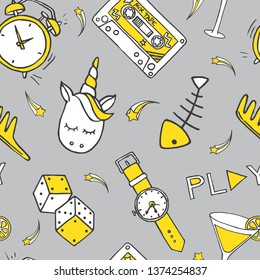 Seamless pattern with clock, fish bone, unicorn, cocktail, hair brush and star doodles. Vector illustration.