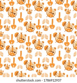Seamless pattern with clock skeleton, bones, ribs and spine, vector halloween printable illustration