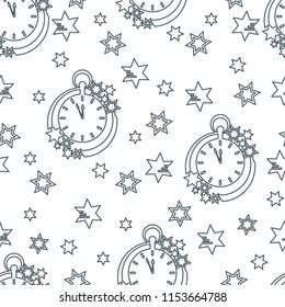 Seamless pattern with clock and stars. Christmas and New Year 2019 background. Design for packaging paper, fabric and other print.