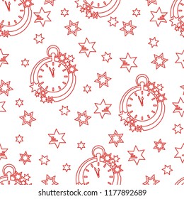 Seamless pattern with clock and stars. Christmas and New Year 2019 background. Design for packaging paper, fabric and other print.