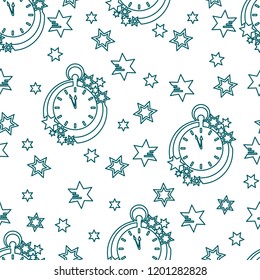 Seamless pattern with clock and stars. Christmas and New Year 2019 background. Design for packaging paper, fabric and other print.