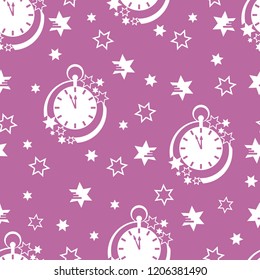 Seamless pattern with clock and stars. Christmas and New Year 2019 background. Design for packaging paper, fabric and other print.