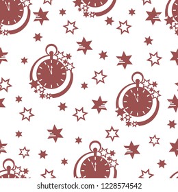 Seamless pattern with clock and stars. Christmas and New Year 2019 background. Design for packaging paper, fabric and other print.