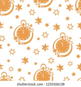 Seamless pattern with clock and stars. Christmas and New Year 2019 background. Design for packaging paper, fabric and other print.