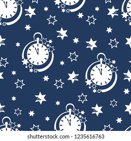 Seamless pattern with clock and stars. Christmas and New Year 2019 background. Design for packaging paper, fabric and other print.
