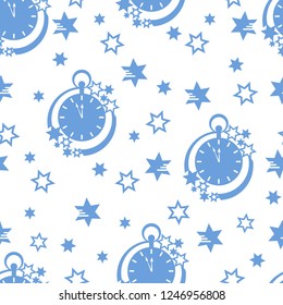 Seamless pattern with clock and stars. Christmas and New Year 2019 background. Design for packaging paper, fabric and other print.