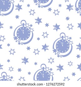 Seamless pattern with clock and stars. Christmas and New Year 2019 background. Design for packaging paper, fabric and other print.