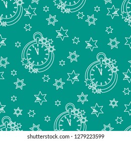Seamless pattern with clock and stars. Christmas and New Year 2019 background. Design for packaging paper, fabric and other print.