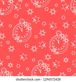 Seamless pattern with clock and stars. Christmas and New Year 2019 background. Design for packaging paper, fabric and other print.