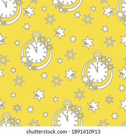 Patrón sin problemas con reloj y estrellas. Antecedentes de Navidad y Año Nuevo. Diseño para el embalaje de papel, tela y otros impresos. Iluminación y gris extremo.