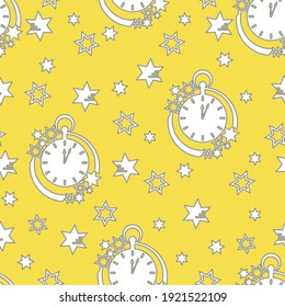 Seamless pattern with clock and stars. Christmas and New Year background. Design for packaging paper, fabric and other print. Illuminating and Ultimate Gray.