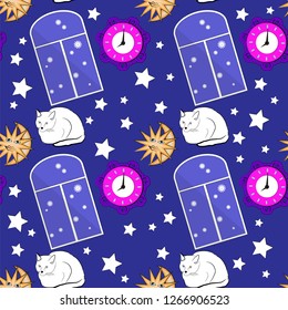 Seamless pattern with clock, white cat, window and stars. Blue background. Vector illustration