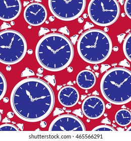 Seamless pattern with clocks, wake up idea. Simple timers, classic vector stopwatches. Time management symbolic elements.
