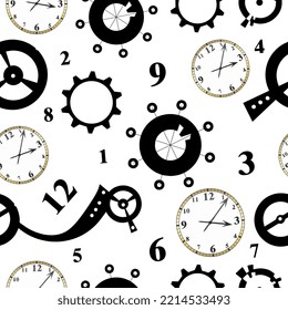 Seamless pattern, clocks and watch mechanisms. Vector illustration