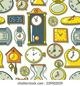 Seamless pattern of clocks and watches. Hand drawn vector illustration. Seamless pattern can be used for wallpaper, pattern fills, web page background, surface textures.