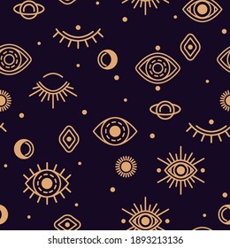 Seamless Pattern with Close and Open Eye, Moon and Sun. Vector illustration. Gold Alchemy Symbols, Occult and Mystic Signs on Black Night Background with Stars.