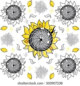Seamless pattern. Close up. sketch of sunflower
