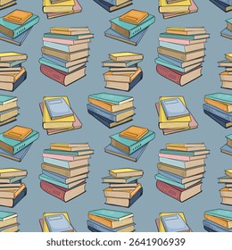 Seamless pattern with closed books and stacks of books. Vector outline background drawn in doodle style. For back to school theme, library, wrapping paper, wallpaper, banners.