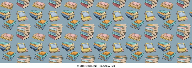 Seamless pattern with closed books and stacks of books. Vector outline background drawn in doodle style. For back to school theme, library, wrapping paper, wallpaper, banners.
