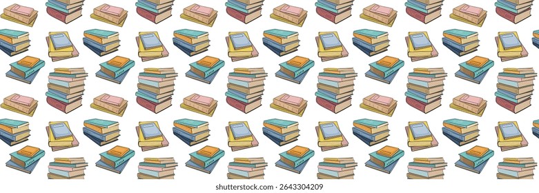 Seamless pattern with closed books and stacks of books. Vector outline background drawn in doodle style. For back to school theme, library, wrapping paper, wallpaper, banners.