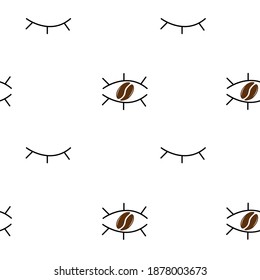Seamless pattern of closed and open eyes with coffee beans inside on a white background.