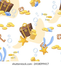Patrón sin foco. Cofre cerrado del tesoro, monedas de oro, joyas y llave antigua en el fondo del mar. Ilustración vectorial de dibujos animados para papel pintado, tejidos, envoltura.
