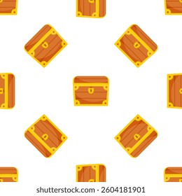 Seamless pattern with closed wooden treasure chests with golden details, isolated on white background