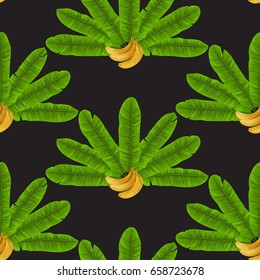 Seamless pattern of closeup banana green leaves fan isolated on black. Tropical wallpaper, textile print, exotic background.