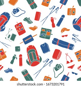 Ropa de ropa y accesorios para ecotour, yougatour, senderismo, trekking. Dibujo de color dibujado a mano vectorial en estilo plano sobre fondo blanco.Diseño para paquetes, tarjetas, textiles.