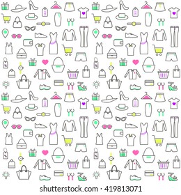 Seamless Pattern With Clothes and Accessories in Thin Line Style. Collection of Line Web Icons of Online Clothes Shop, Ecommerce, Internet Shopping. Vector template for your design.