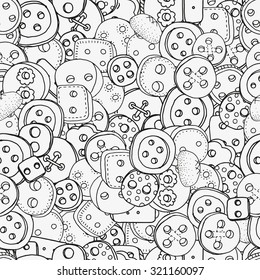 Seamless pattern with clothes buttons, hand-drawn decorative elements in vector. Pattern for coloring book. Black and white pattern.  Made by trace from sketch. Zentangle