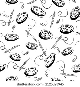 Seamless pattern with clothes buttons, needle and threads in doodle style. Hand drawn sewing accessories pattern.