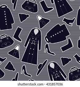Seamless pattern with clothes: coat, raincoat, shoes, hat, scarf, boots and bag in striped background.