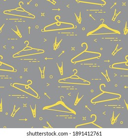 Patrón sin foco con colgadores de ropa y abrazaderas de tela. Diseño para banner e impresión. Iluminación y gris extremo.