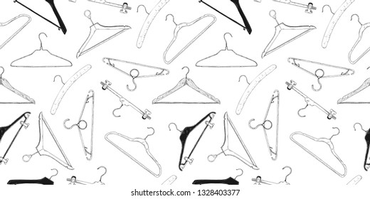 Seamless pattern with clothes hangers. Hand drawn, isolated on a white background. Vector illustration