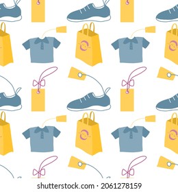 Seamless pattern with clothes items, paper bag, shoes, and price tag.
