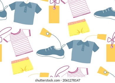 Seamless pattern with clothes items, underpants, shoes, and price tag.