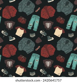 Seamless pattern with clothing and accessories in grunge style on a dark background.