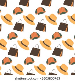 A seamless pattern of clothing accessories, including hats and bags, perfect for adding a stylish and cohesive touch to any fashion-themed design.