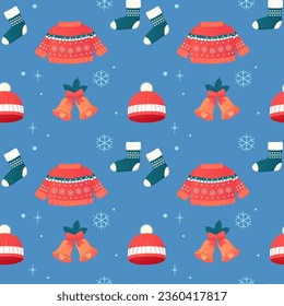 Seamless pattern clothing jumper, socks, hat, new year winter and Christmas