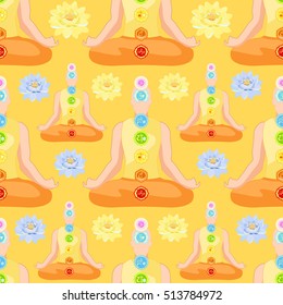 seamless pattern a clothing man sitting in lotus position meditating with chakra. vector illustration