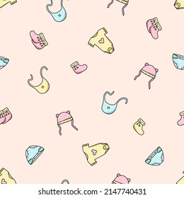 Seamless pattern clothing for a newborn baby. Vector illustration background wallpaper bodysuit beanie diapers socks