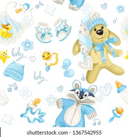 Seamless pattern of clothing, toy and stuff it's a boy