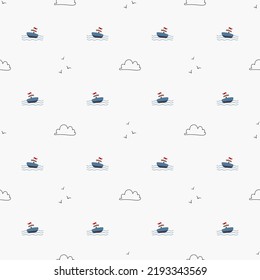 Seamless pattern with cloud, boat. Marine theme. Could be used as  seamless patterns for fabric, wrapping paper and home décor like pillow covers, curtains or wallpaper, phone covers.