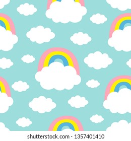 Seamless Pattern. Cloud Colorful Rainbow. Cute cartoon kawaii funny baby kids decor. Wrapping paper, textile template. Nursery decoration. Blue background. Flat design. Vector illustration