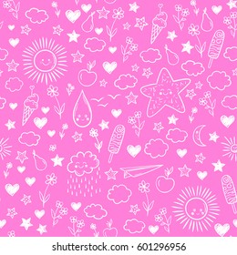 Seamless pattern with cloud, ice-cream, flowers, sun, star. Vector cartoon kids background. Doodle drawing.