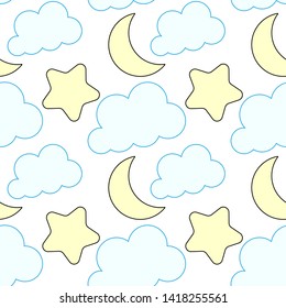 seamless pattern with cloud, moon and stars design on white background