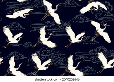 Seamless pattern with cloud motives and cranes